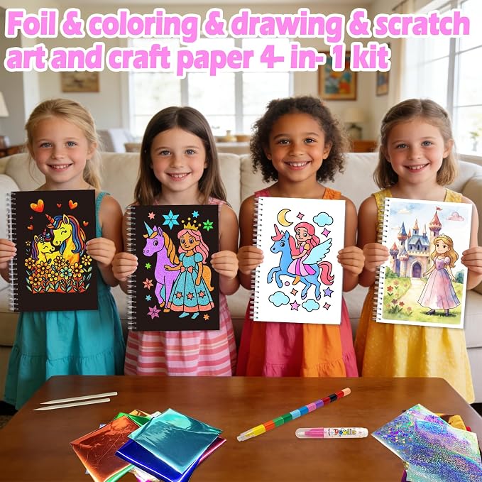 4-in-1 Princess Unicorn Craft Kit for Girls Ages 4-8, Foil Art, Scratch Art, Watercolor Painting & Coloring Activities, Creative DIY Arts and Crafts Set, Travel Activity for Home and Road Trips