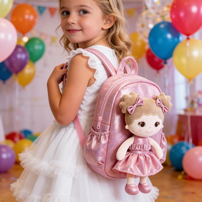 Lazada Toddler Backpack - Baby Girl Gifts Curly Fingerprints Plush Doll Dress Backpack - Fashion Girls Curly Rolled Fingerprints Series - Apricot Pink 11 Inches