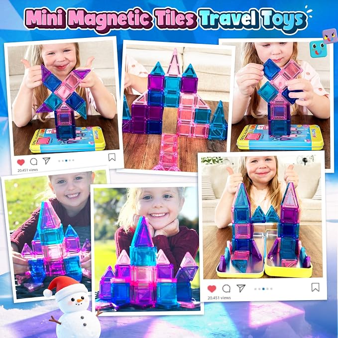Soyee Mini Magnetic Tiles Kids Toys Travel Essential Games Magnet Building Blocks STEM Sensory Educational Toys for 3 4 5 6 7 8+ Year Old Boys Girls Christmas Birthday Gifts