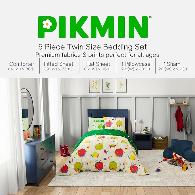 Nintendo Pikmin Game Kids Bedding Set, Twin Size 5 Piece Comforter and Sheet Set with Sham, (Officially Licensed Product) by Franco