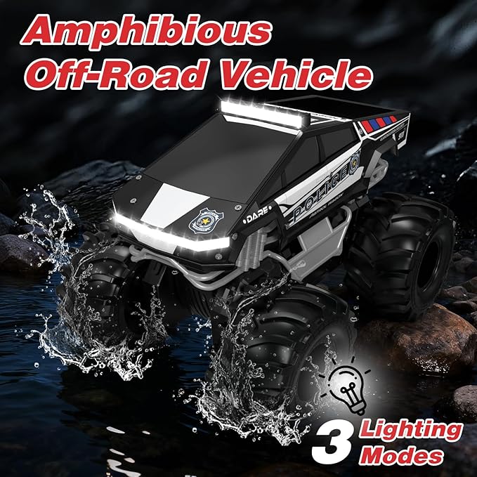 Police Remote Control Car, 1:18 Cyber Truck Remote Control Car, 2.4 GHz Waterproof Amphibious RC Cars, 4WD All Terrain Off-Road Pickup, 360° Rotatable Monster Truck Toys for Boys RC Cars Ages 6+