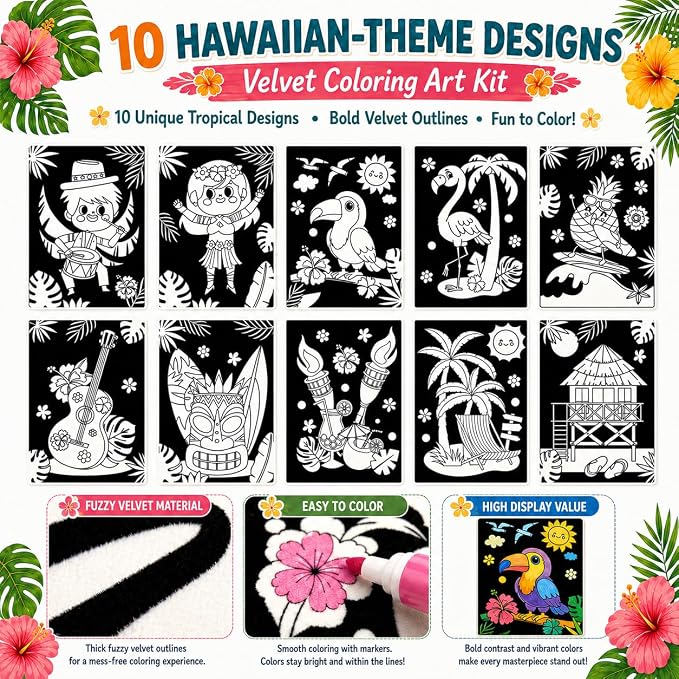 Cinrobiye 48 Pcs Hawaiian Velvet Coloring Posters Tropical Luau Fuzzy Felt Coloring Pages Bulk Craft Kit Flamingo Pineapple Tiki Ocean Party Supplies Aloha Beach Classroom Living Art Activity Set