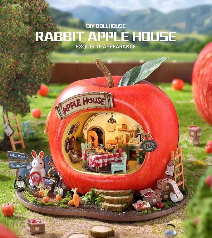 Roroom DIY Miniature House Kit, Rabbit Apple House Book Nook Kit with LED Light,3D Wooden Puzzle Miniature Dollhouse Kit for Bookshelf Decor-Creative Crafts for Family and Friends