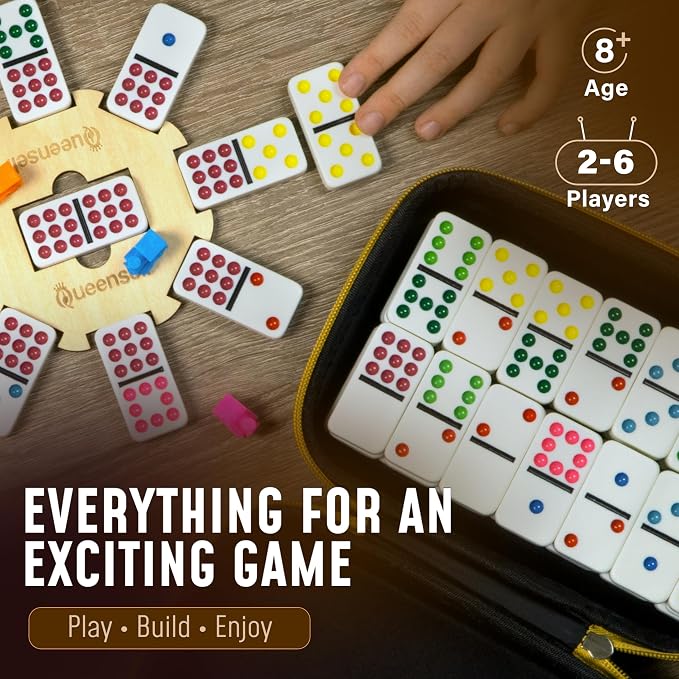 Queensell Double 9 Dominos Set for Adults and Kids with Colored Dots – Classic Dominoes Game Set with 55 Tiles, Wooden Hub, Trains and EVA Carrying Case