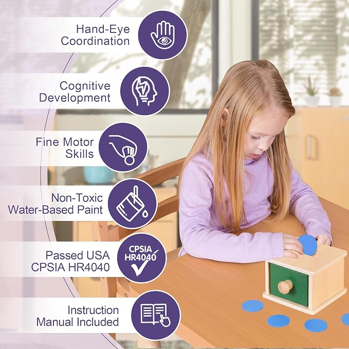 Montessori Wooden Coin Box with Drawer for Baby 18+ Months, Coin Sorter Fine Motor Toys for Kids, Motessori Classroom Learning & Educational Resources Toys Gifts