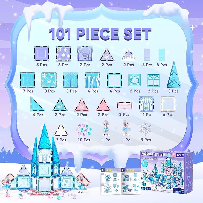 Princess Castle Magnetic Tiles Building Toys Set for Kids Ages 3-5 4-8, STEM Magnetic Blocks with 2 Dolls, Educational Sensory Magnetic Toys Gifts for Toddler Boys Girls Learning Classroom