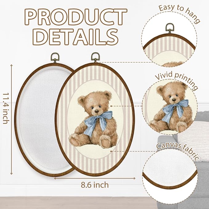 WULQYING Vintage Bear Nursery Wall Art Decor, Girl Nursery Oval Framed Canvas Art Prints, Neutral Blue Bow Cute Bear Wall Hanging Decor for Kids Toddler Baby Girls Room Bedroom, 8.6x11.4 Inches