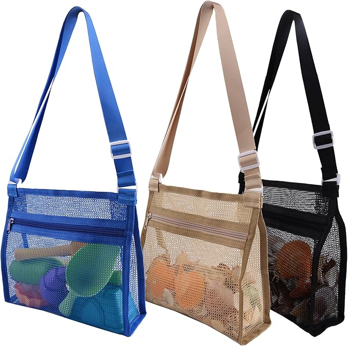 MUYIZI Mesh Beach Bag for Collecting Shells 3 Pack,Shell Bags for Beach,Sea Shell Bags for Picking Up Shells,Beach Shell Bag for Kids, Sand Toys Swimming Accessories for Boys and Girls