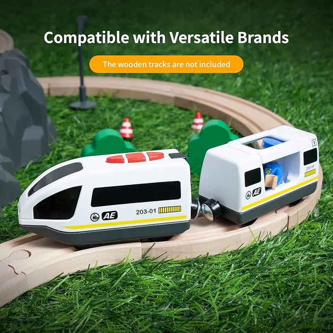 WOOD CITY Battery Operated Train for Wooden Track, Electric Locomotive Train Set with Powerful Engine Compatible with Thomas, Brio, Chuggington, Bullet Car Toys for Toddlers 3 4 5 Year Olds