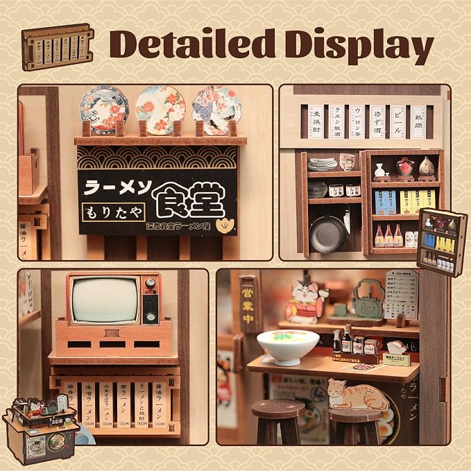 Fsolis Japanese Book Nook Kit - DIY Miniature House Kit (Morita-Ya Ramen) | 3D Wooden Puzzles for Adults Booknook Japan Noodle Shop Bookshelf Diorama Gifts for Women