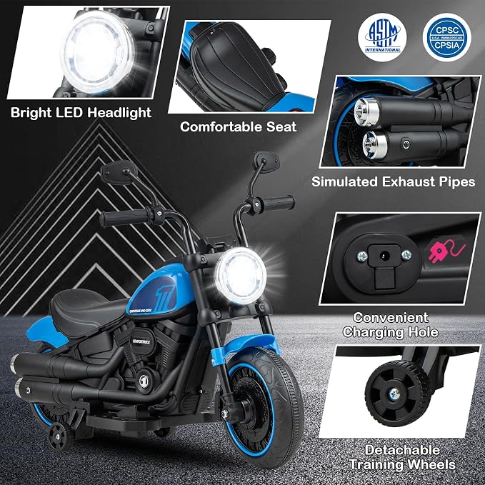 Costzon Toddler Motorcycle, 6V Battery Powered Electric Motorcycle with Detachable Training Wheels, Soft Start, Headlights & Music, Kids Motorcycle Ride on Toy for Toddlers Boys Girls 18+ Months(Blue)