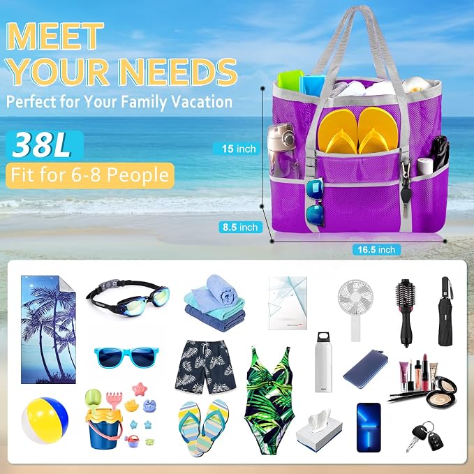 SRISE Mesh Beach Bag - Large Beach Tote Bag for Family Beach Bag for Toys & Vacation Essentials
