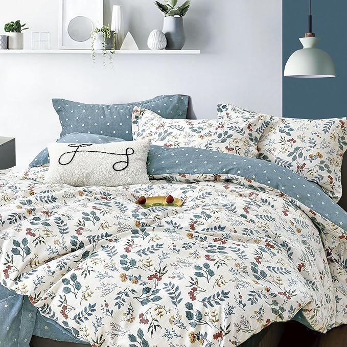 LEMIROE Botanical Cotton Comforter King Size - Lake Green Comforter with Dusky Blue & Warm Rust Leaves on Ivory,Reversible Lightweight Bedding Sets 3Pcs(Polka Dot)