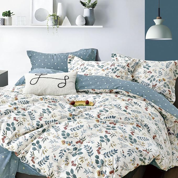 LEMIROE Botanical Cotton Comforter Queen Size - Lake Green Comforter with Dusky Blue & Warm Rust Leaves on Ivory,Reversible Lightweight Bedding Sets 3Pcs(Polka Dot)