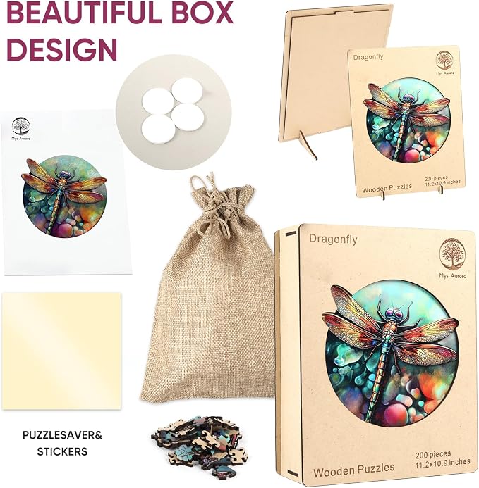 Mys Aurora Wooden Puzzles for Adults, Dragonfly Jigsaw Puzzles 200 Pieces, Unique Shaped Round Flower Puzzles for Adults and Kids, Family Game 11.2 x 10.8 Inch