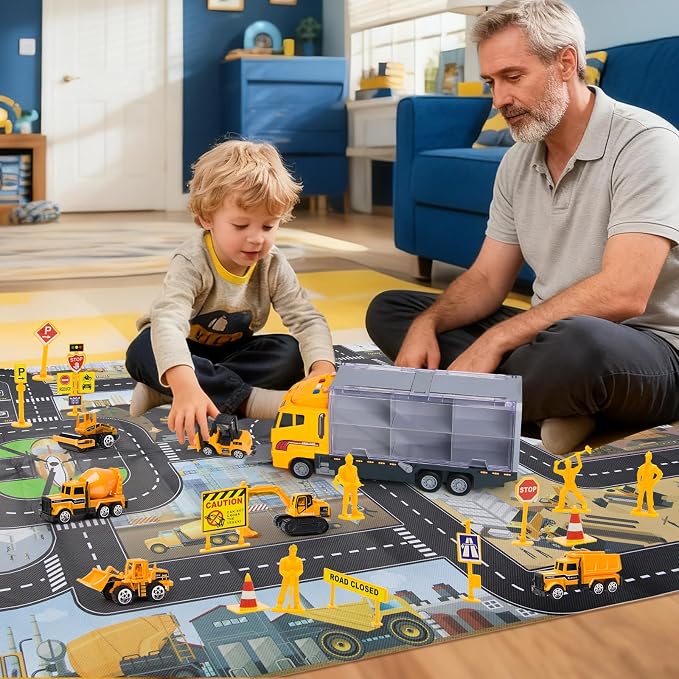 Toddler Construction Truck Vehicle Toy Set for 3 4 5 6 Years Old Boys with Play Mat, Die-Cast Car Carrier Truck for Kids Boys Girls Birthday Party Gifts
