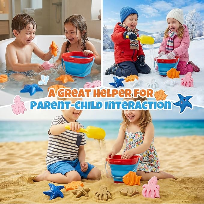 Beach Sand Toys Set for Toddlers, Portable Travel Beach Toys with Collapsible Bucket, Shovel, Rake, 3 Molds & Mesh Storage Bag for Kids, Summer Gift