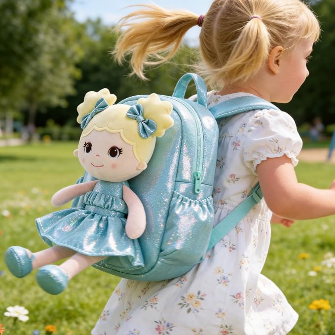 Lazada Toddler Backpack - Baby Girl Gifts Curly Fingerprints Plush Doll Dress Backpack - Fashion Girls Curly Rolled Fingerprints Series - Lake Blue 11 Inches