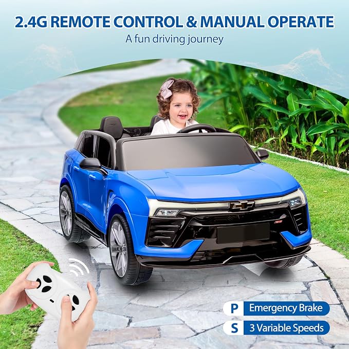2-Seater 24V Electric Car for Big Kids, Licensed Blazer Chevrolet Ride on Car w/Parent Remote Control, Music, Headlights & Spring Suspension, Battery Powered Ride-on Toy for Kids Ages 3-8, Blue