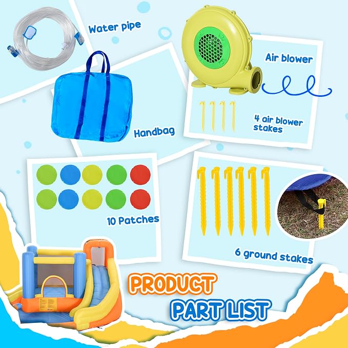 Outsunny Inflatable Water Slide, Kids Bounce House Water Park with Pool, Climbing Wall, Water Cannon, Dual Slides, Trampoline, 5-in-1 Bouncy Castle with Air Blower for Outdoor Indoor Backyard Fun