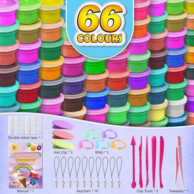 ESSENSON Air Dry Clay - 66 Colors Modeling Magic Clay, Best Gift for Boys & Girls Age 3-12 Year Old, DIY Molding Kids, with Sculpting Tools, Decoration Accessories, Kids Art Crafts