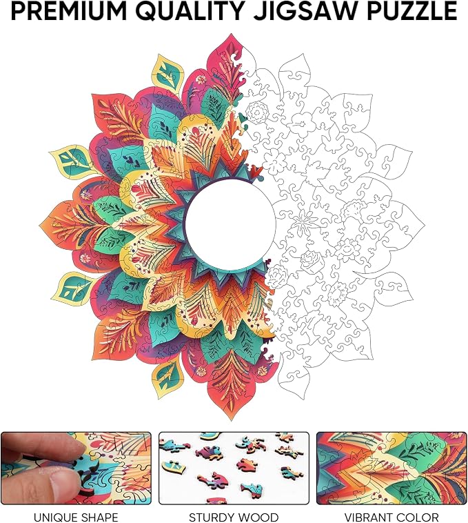Ixfyloop Wooden Puzzles for Adults Wooden Puzzles, Mandala Wood Puzzles Adult Wooden Jigsaw Puzzles for Adults Birthday Gift Mandala Game, 500 Pieces, 17.6x17.7in