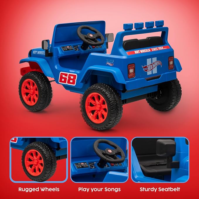 Hot Wheels - 12V Kids Ride On with Rechargeable Battery, LED Headlights, Press-Button Start, Durable Wheels, Forward & Reverse Drive, Contoured Seat