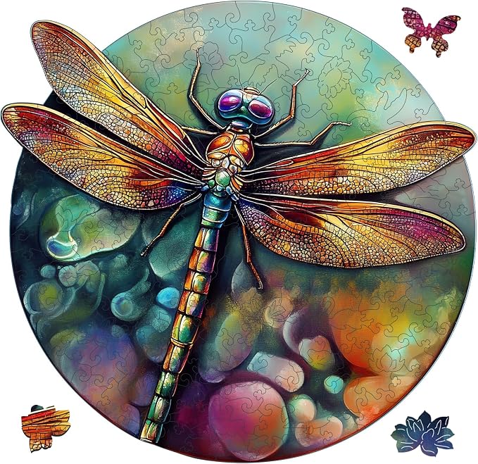 Mys Aurora Wooden Puzzles for Adults, Dragonfly Jigsaw Puzzles 200 Pieces, Unique Shaped Round Flower Puzzles for Adults and Kids, Family Game 11.2 x 10.8 Inch