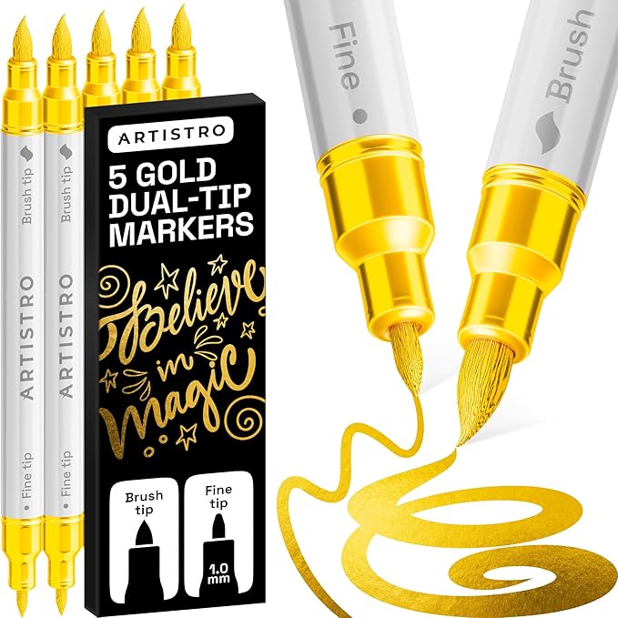 ARTISTRO 5 Gold Acrylic Paint Markers - Paint Pens for Drawing - For Fabric, Rock, Glass, Wood, Molds - Arts & Crafts Gift for Adults, Teens, Kids, Classroom Must Haves & School Supplies