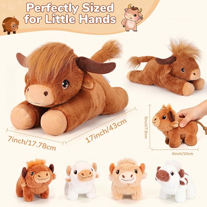 gnomantic Highland Cow Stuffed Animals with Babies, Mommy Toy for Kids | 5-Piece set: 1 mommy highland cow + 4 surprise babies inside. Unzip belly to reveal babies. Ultra-soft, safe for ages 3-8.