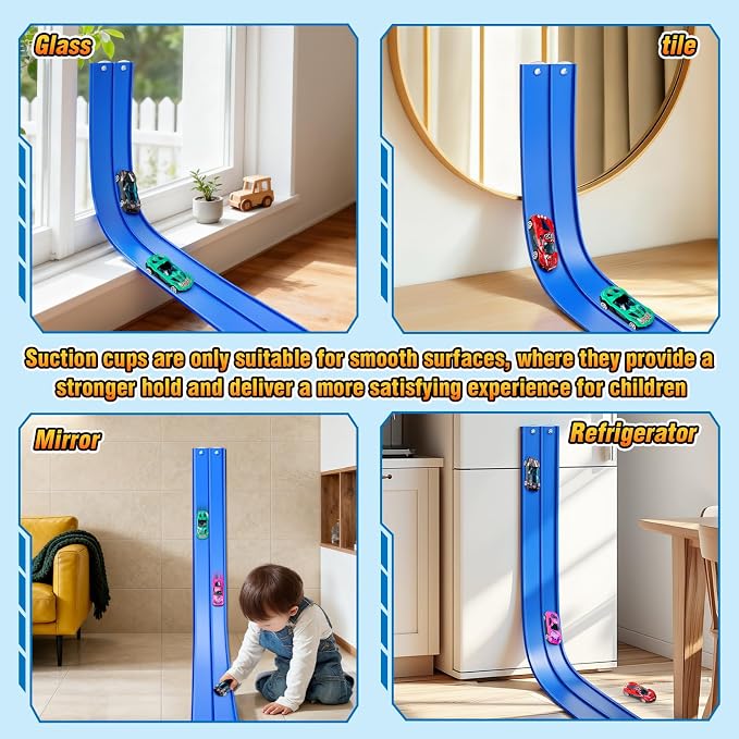 15Ft Flexible Race Car Track for Kids with Suction Cups Compatible with Diecast 1/64th Cars for Ages 3 & Up Blue Gray Orange Red Classic Long Rolls Up Portable Racetrack (Blue)