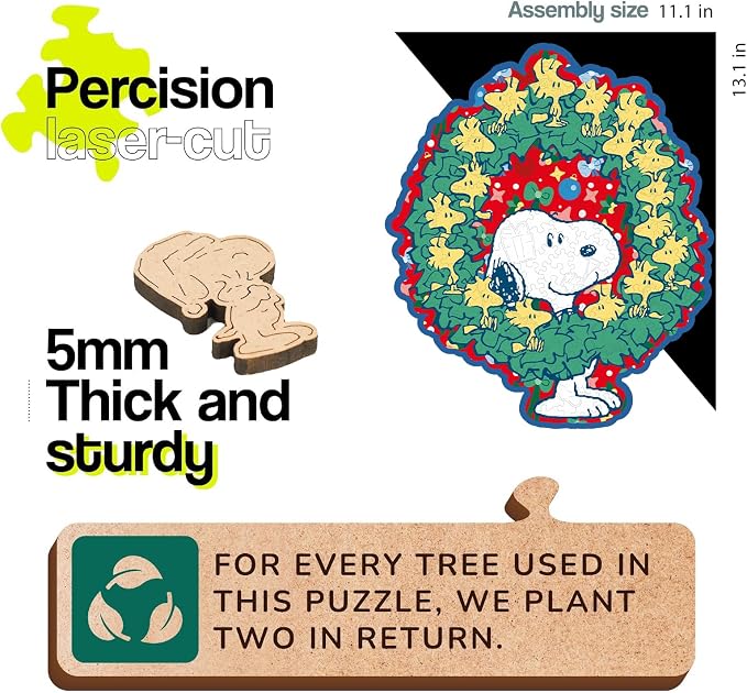 Peanuts Christmas Snoopy Puzzles for Adults – Wooden Puzzle, 200 Pieces Unique Shaped Woodstock Jigsaw Puzzles, 5MM Thick, Officially Licensed Merchandise – Merry Moments Together, 11.1" x 13.1"