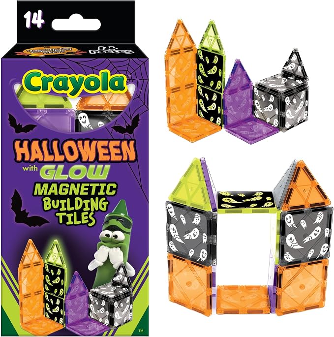 CreateOn Crayola Magnetic Tiles, Building Set for Kids, Magnetic Toys for Kids, Travel Toys, Classroom Sensory Blocks, STEM & Montessori for Boys & Girls Ages 3+, 14-Piece Set (Halloween)