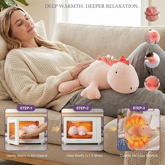 KOWSI® Microwavable Heating Pad Pink Stegosaurus Plush - 1.4 Lb Weighted Stuffed Animal Toy with Tourmaline Beads & Lavender - 16" Squished Long Dinosaur Pillow - Lumbar Back Cushion Lasting Warmth