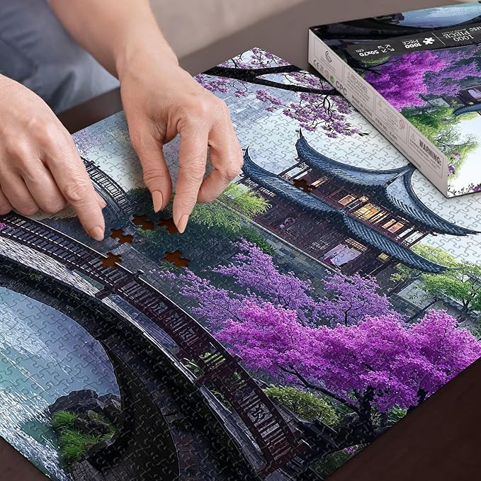 PICKFORU Plum Blossom Dreamscape Puzzles for Adults 1000 Pieces, Vintage Flower Tree Scenery Puzzles, Impossible Unique Lake Park Theme as Home Decor