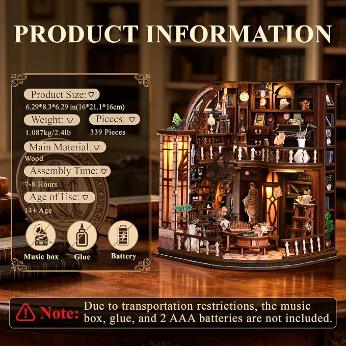 SUNNINO Library Book Nook Kits for Adults, DIY Miniature Dollhouse Bacchus Book Nook Kit, 3D Wooden Puzzle Bookshelf Decor Craft Kits Gift with Led Light for Friend Family