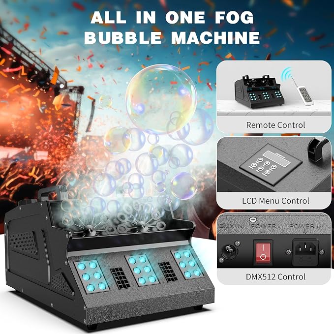 2000W Fog Machine, 3 in 1 Fog Bubble Machine with 2 Bubble Fans, 7 CH RGB 18 LED Lights Smoke Bubble ALL IN 1 Machine, Fog Machine for Party, Wedding, Festival, Birthday, 4 PACK