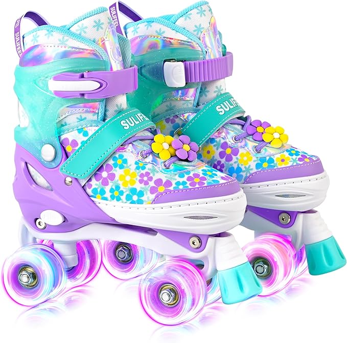 SULIFEEL Rainbow Unicorn 4 Size Adjustable Roller Skates for Girls Boys for Kids Ages 3-5 5-8 6-12 Children Skates Indoor Outdoor