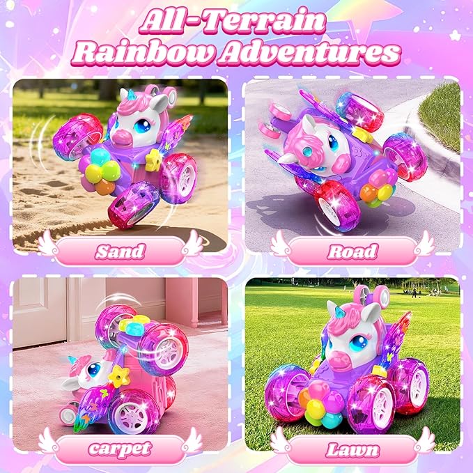 Unicorn RC Cars for Girl Toys with Glowling Crystal Wings & Eyes Lights, 360° Rotation Remote Control Car Pink Unicorn Stunt Car Kids Toys Birthday Gifts for 3 4 5 6 7 8 9 10 Year Old Girls