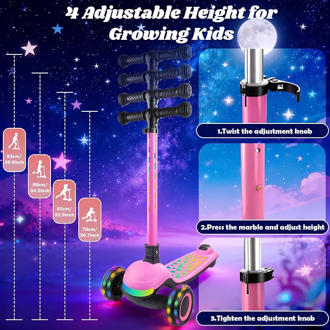 Light Up 3 Wheel Kick Scooter for Kids Toddlers with LED Sync Lights, Flashing Stem & Wide Polka Dot Deck Adjustable Height Music Function Safe Sturdy Folding Scooter for Kids