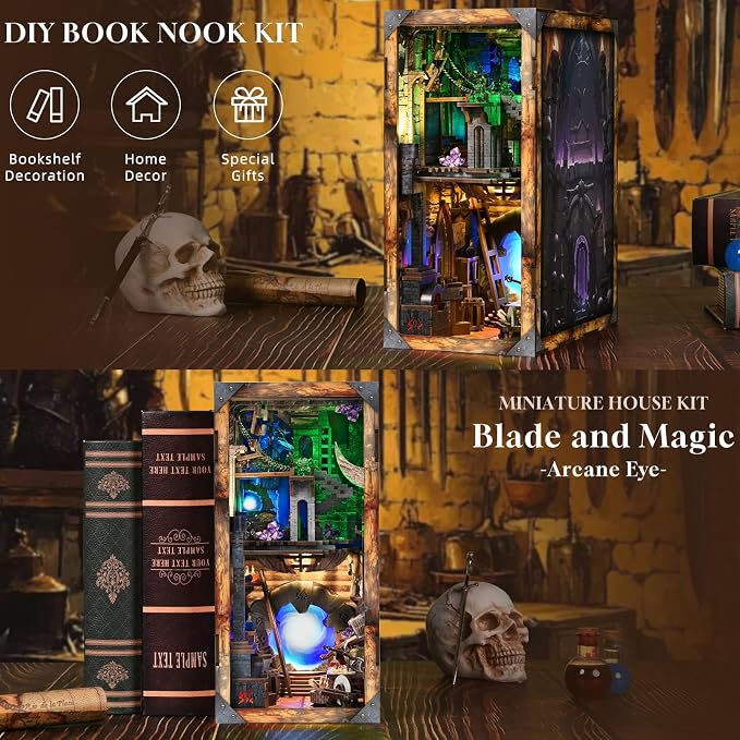 CCCDF DIY Book Nook Kit, DIY Miniature Dollhouse Booknook Kit, 3D Wooden Puzzle Bookend Bookshelf Insert Decor with LED Light for Teens and Adults (Blade and Magic)