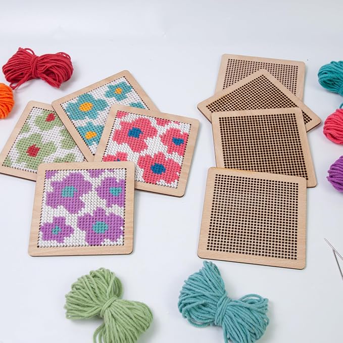 Yushen 4Pcs Flower Coaster Needlepoint Kit for Adult Cross Stitch Kits DIY Adults Needlepoint Embroidery Starter Set with Patterns Embroidery Needles Threads Crafts (Flower)