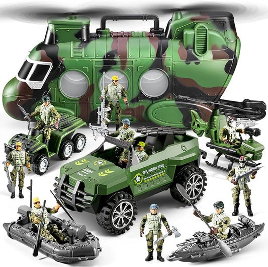 56-in-1 Army Men Toys Sets for Boys 4-7 8-12, Army Helicopter/Truck/Kayak Boat/Motorcycle/Army Men Action Figures/Weapon Gears, Army Toys for Boys Kids Birthday Gifts Party Favors