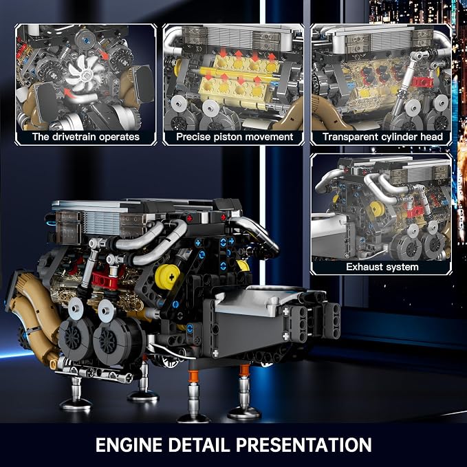 Mould King W16 Engine Kits that Runs, Build Your Own Twin V8 Engine, Visible Car Motor Blocks Set, Physical Science Experiment Models for Teens, Best STEM Toy Gifts for 14+ and Adult 10131 (952 Pcs)