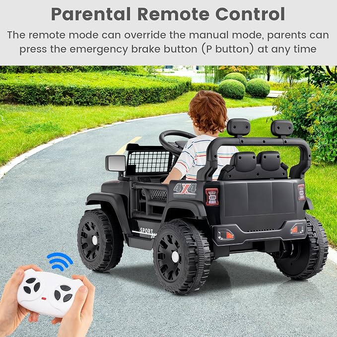 OLAKIDS 12V Ride On Truck, Battery Powered Electric Vehicle for Kids with Remote Control, Foldable Reflective Mirror, Spring Suspension, Music, LED Lights, Ride on Toy for 3+ Boys Girls (Black)