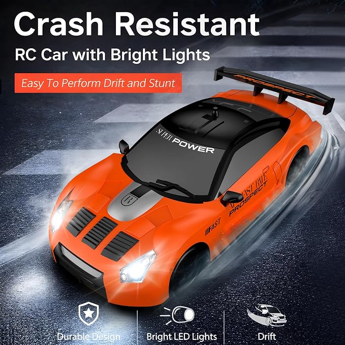 Remote Control Car RC Drift Car 2.4GHz 1:24 Scale 4WD 15KM/H High Speed Model Vehicle with LED Lights Drifting Tire Racing Sport Toy Car for Adults Boys Girls Kids Gift 2Pcs Rechargeable Batteries