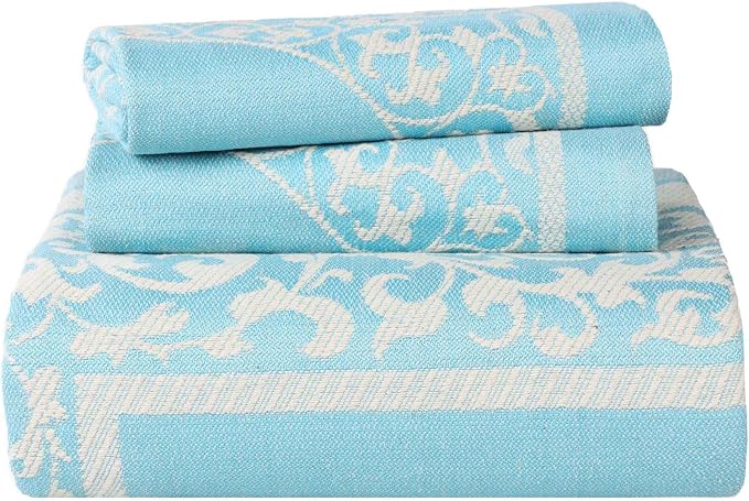 Superior Cotton Blend Bedspread Set, Includes 1 Tailored Bedspread and 2 Matching Pillow Shams, Lightweight Blanket, Bedding Decor, Jacquard Vintage Floral Mandala, Lyron Collection, Queen, Aqua