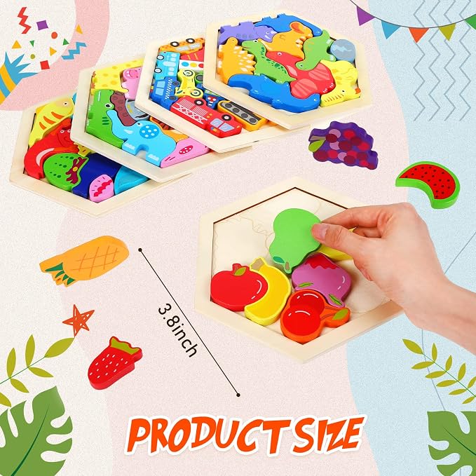 Jerify 5 Pack Wooden Tangram Puzzle for Kids Dinosaur Wooden Hexagon Puzzle Animal Block Teaser Geometric Shapes Fruit Tangram Games for Boys Girls Toddler 1-3 Jigsaw 3D Logic IQ Game Gift