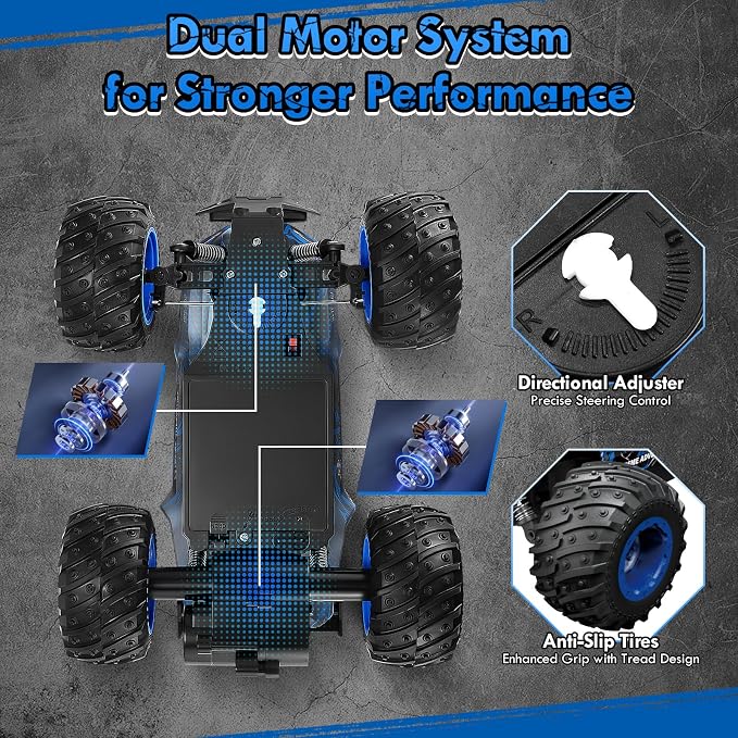 Remote Control Car, 1:18 Rc Cars, All-Terrain RC Truck with LED Light, 20KM/H, Rechargeable, 2WD, 2.4GHz, Sturdy PVC Shell, Remote Control Truck for Boys 4-7 8-12, Beginner