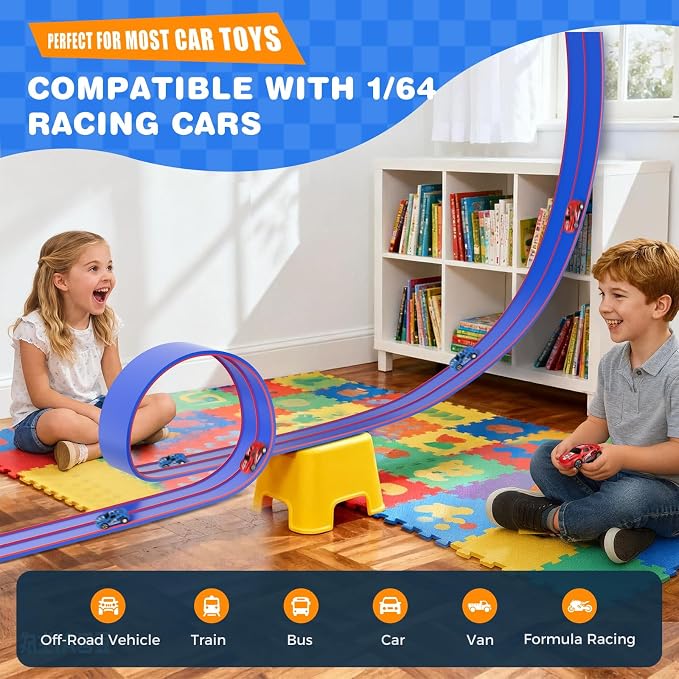 TAEMVV 15 Ft Dual Flexible Race Track for Kids, DIY Ramps Car Track Set Compatible with Hot Wheels 1/64 Diecast Cars, Reinforced Suction Cup for Boys Girls 3+, Blue&Red